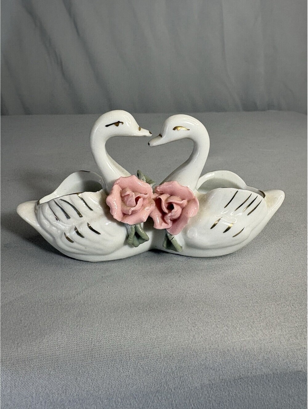 Vintage Double Swan Ceramic Bud Vase Planter Pink Roses Gold Trim Romantic Decor
